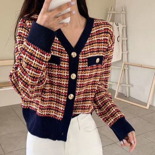Soft Girl Plaid Casual Crop top Knitted Sweater Women Kawaii Korean Fashion Autumn Long Sleeve Jumpers Pullover Cute Tops