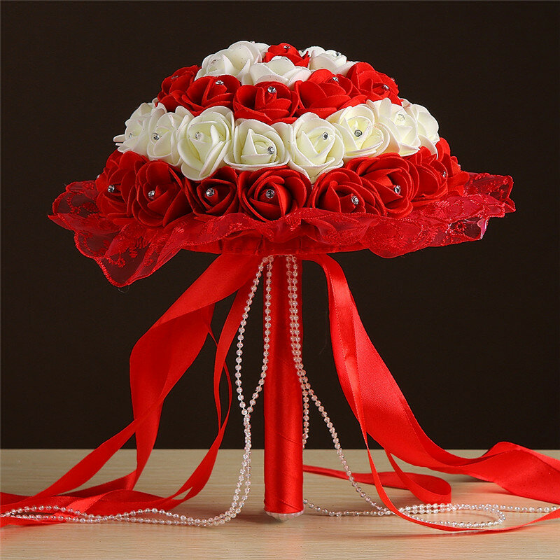 Bridal Bouquet Ribbon Beading  Foam Flowers White Roses Multi-Color Bouquet 2021 New Wedding Bouquet