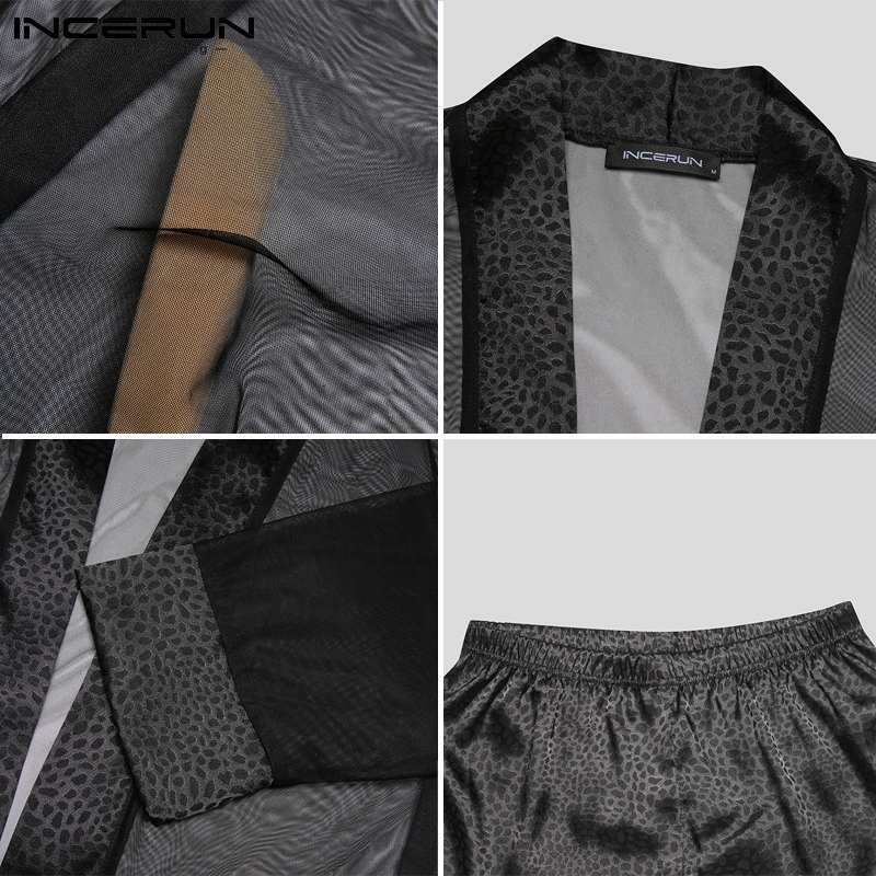 Conjuntos de roupas masculinas da moda, roupas sensuais plus size, camisa de manga comprida, calças curtas transparentes, rede, fio oco, pijamas segundo