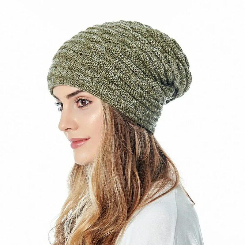 Women Autumn Winter Solid Color Plush Warm Knitted Baggy Beanie Hat Slouchy Cap