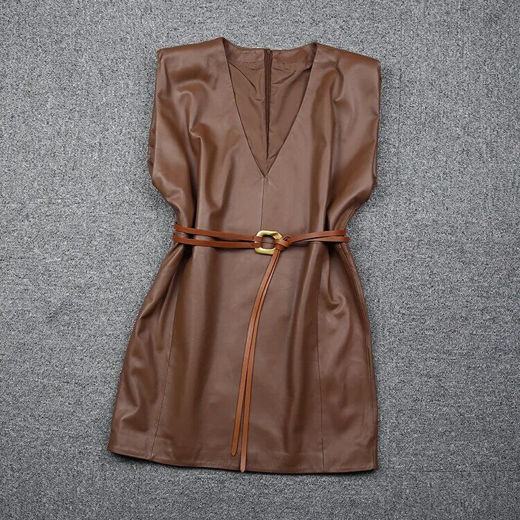 Vestido informal de piel auténtica con cinturón para mujer, novedad, Otoño, fábrica