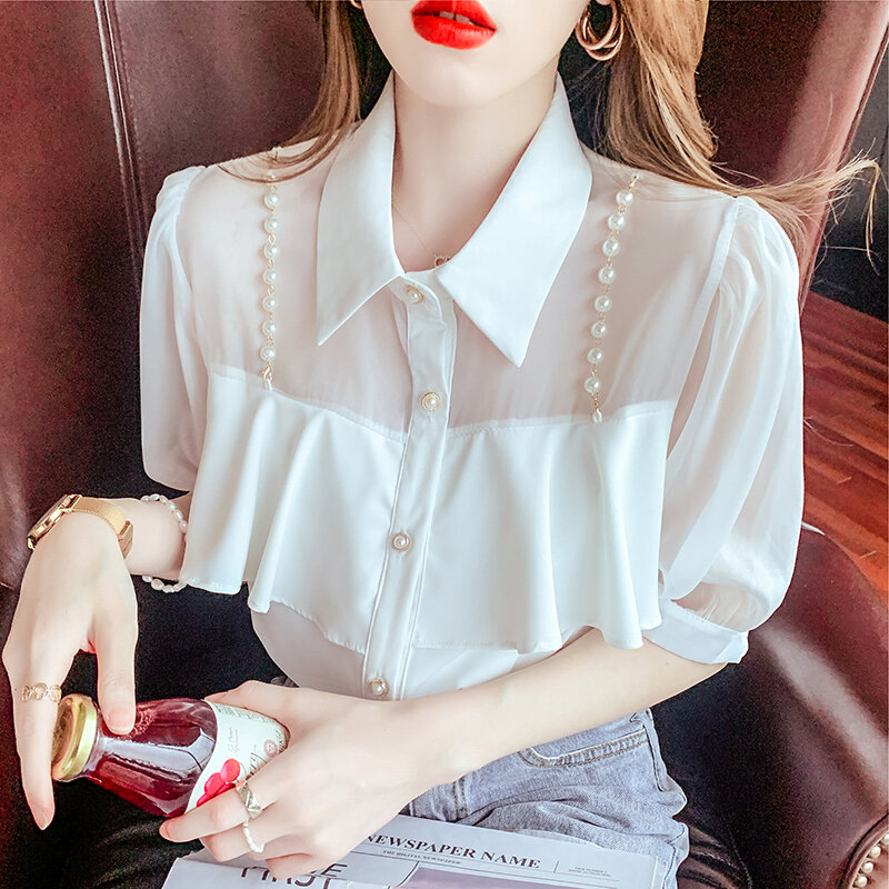 ชีฟอง Vintage เสื้อเกาหลีรุ่น2021ฤดูร้อนใหม่ไข่มุก Ruffled เย็บ Beading เสื้อบางผู้หญิงครึ่งแขน225F