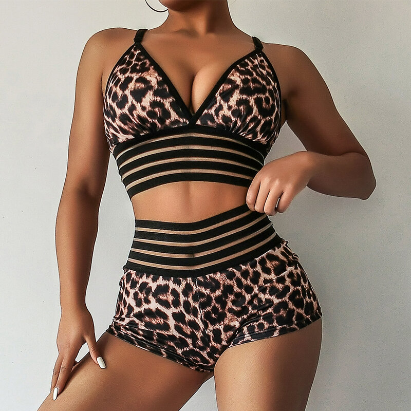 Leopard Mesh Fitness Set Padded Crop Top + High WAIST Sexy Shorts Yoga Suit Women Workout Clothes Sports Suits Gym Wear Sets