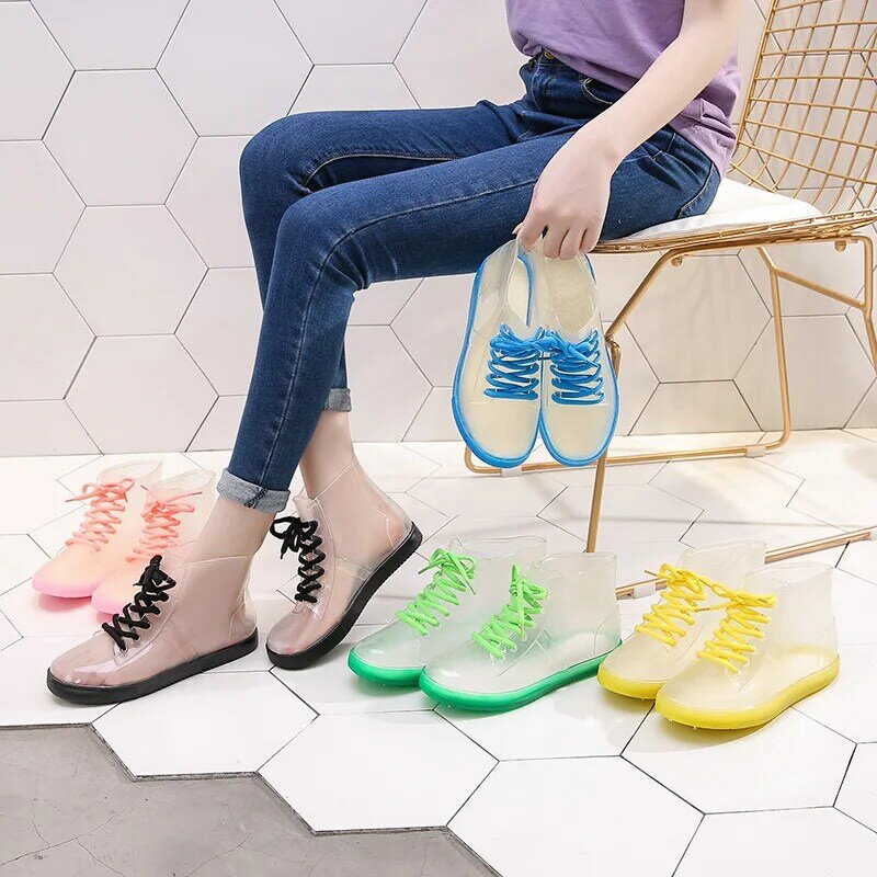 Frauen Regenbogen Baumwolle Abdeckung Regen Stiefel Plattform Schuhe Mode Transparent Gelee Farbe Regen Schuhe 2022 Slip auf Regen Stiefel damen