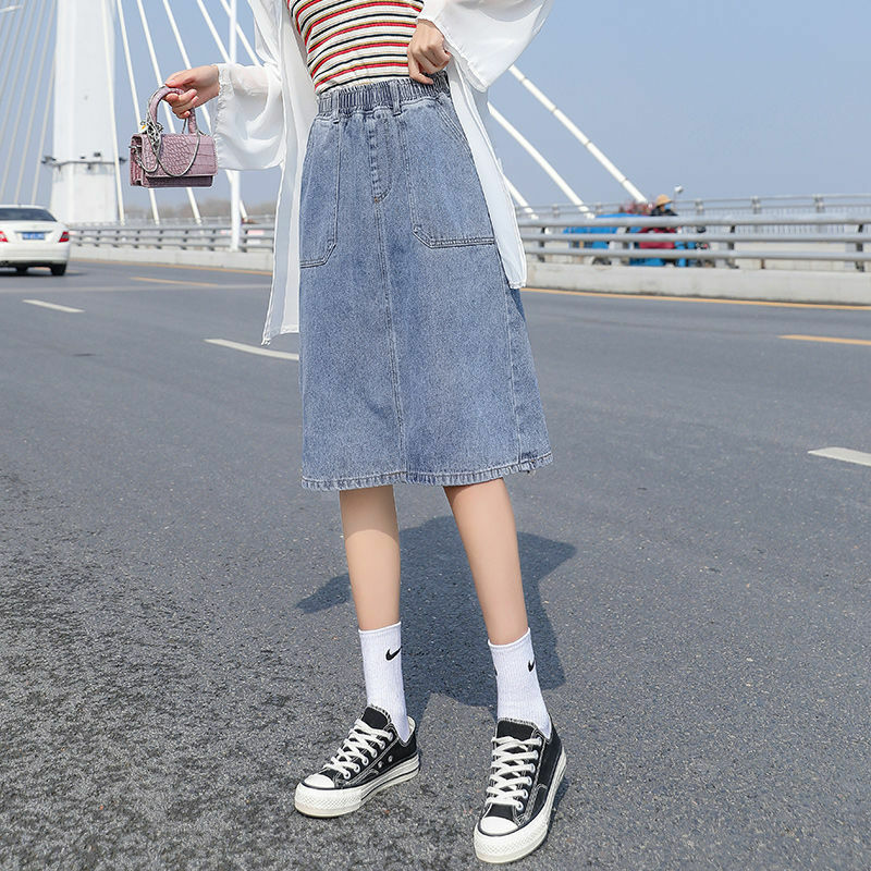Falda media de mezclilla de gran tamaño para mujer, falda media de corte en A, tubo recto de longitud media, elástica ancha, de cintura alta para verano
