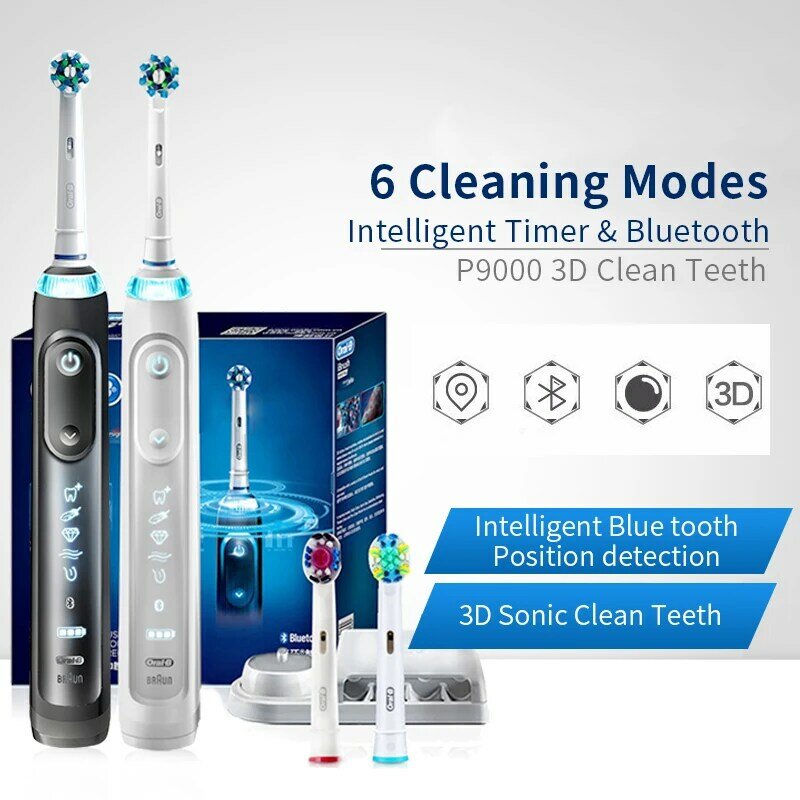 Oral B-cepillo de dientes eléctrico 9000 sónico, dientes blancos 3D con Bluetooth y Sensor de presión, 6 modos de limpieza, 3 cabezales