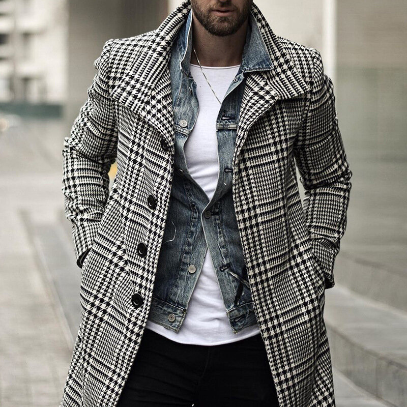 Moda xadrez casacos de lã homens outono inverno nova turn-down collar casaco de comprimento médio dos homens casaco e jaqueta