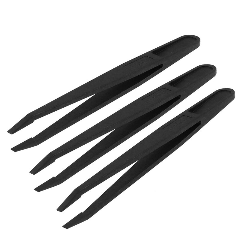 Pinzas antiestáticas de plástico, pinzas de punta plana, color negro, 3 unidades