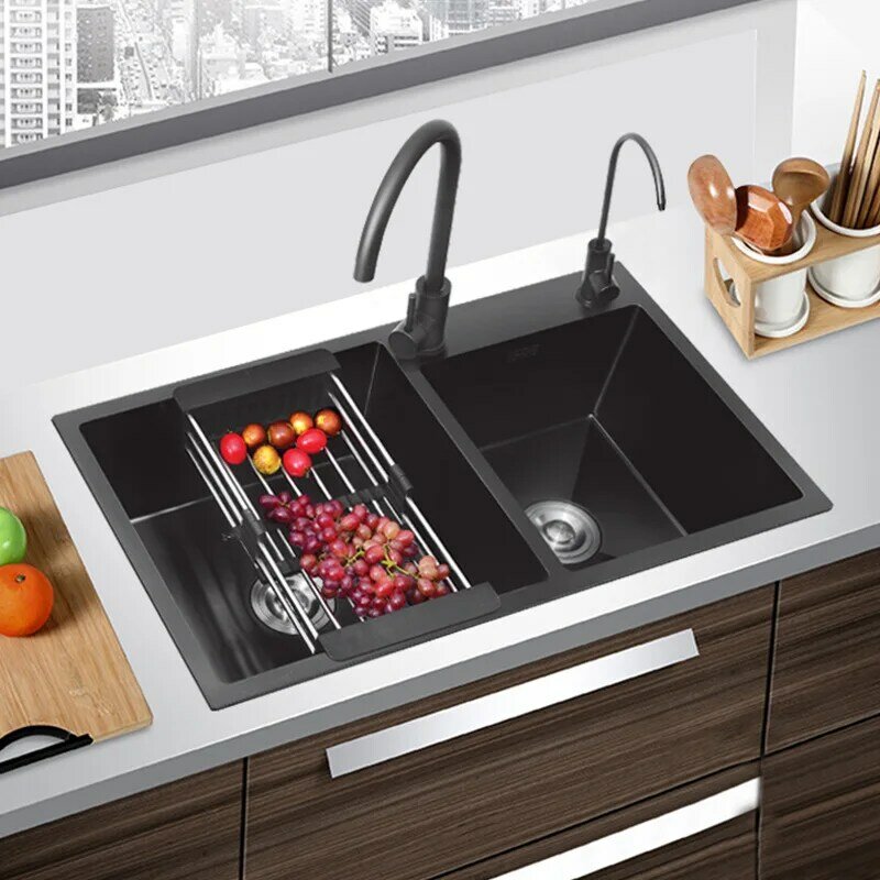 Fregadero de cocina de acero inoxidable 304, fregadero de cocina doble de color negro, con montaje sobre Encimera y lavabo para lavar verduras, sin grifo