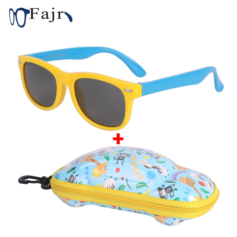 Óculos de sol polaroid para crianças, com estojo para carro, quadrado, colorido, proteção uv para meninos e meninas