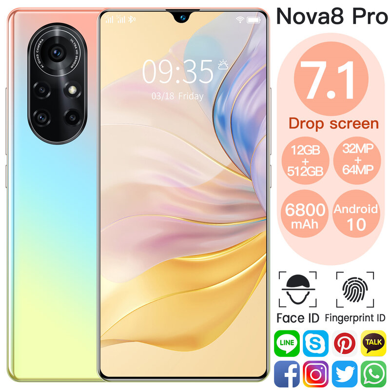 Nova8 Pro Điện Thoại Thông Minh 7.1Inch Phiên Bản Toàn Cầu Điện Thoại Dual Sim12GB 512GB ROM MTK6595 Android10.0 Deca Nhân Dual SIM