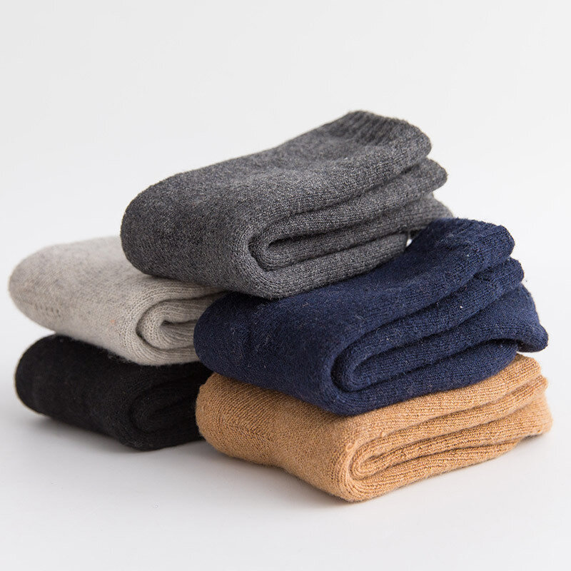 Chaussettes en laine Ultra-épaisses pour homme, lot de 5 paires, en éponge, de haute qualité, couleur unie, pour l'hiver