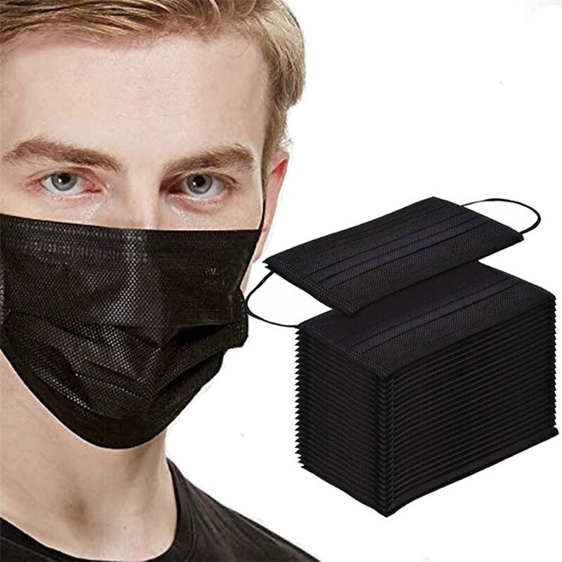 Mascarilla facial desechable de 3 capas, con elásticos máscara antipolvo, color negro, 10/50/100/200 Uds.