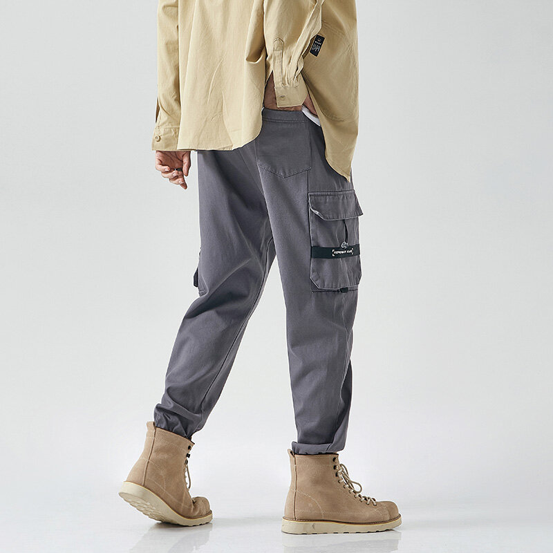 2021 Новые однотонные Цвет брюки карго Для мужчин Повседневное японский с эластичной резинкой на талии, брюки-карго свободные большие Размер...