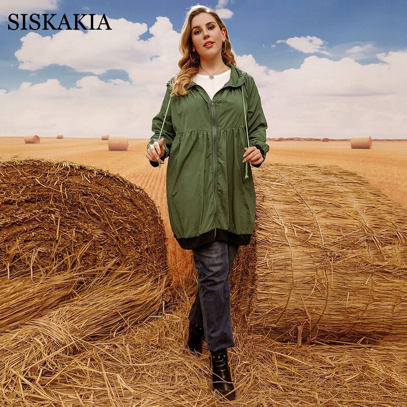 Siskakia-abrigo cortavientos de talla grande para mujer, abrigo informal largo con capucha y cremallera, color café sólido verde, 5XL, 4XL, otoño e invierno, 2020