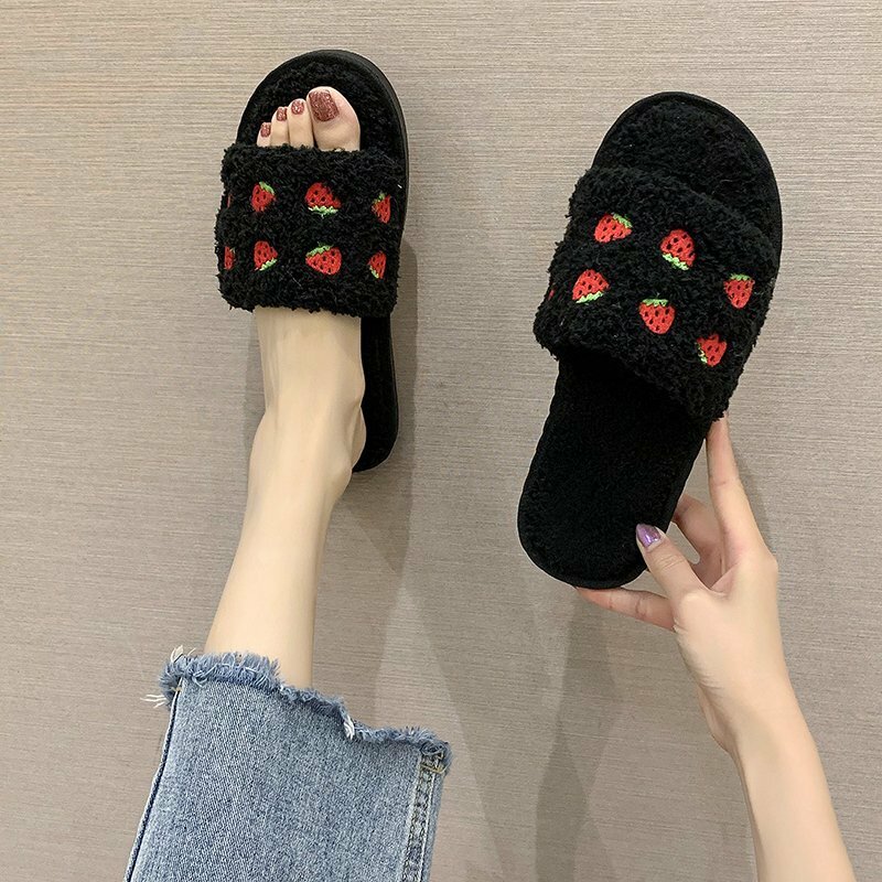 Vrouwen Furry Slides Slippers Strass Sandalen Pluche Leuke Kawaii Designer Vrouwelijke Slippers Peep-Toe Platform Schoen