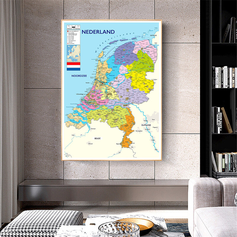 60*90Cm Di Belanda Peta Belanda Seni Dinding Poster Kanvas Lukisan Kantor Dekorasi Rumah Anak-anak Perlengkapan Sekolah