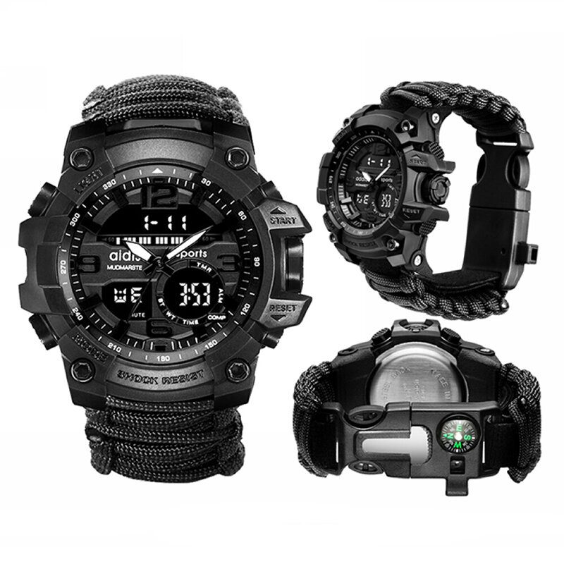 Addies Militer Watch dengan Kompas Pria Cenderung Tahan Air Whistel Stopwatch Alarm Clock Olahraga Pergelangan Tangan Digital Watch Montre Homme