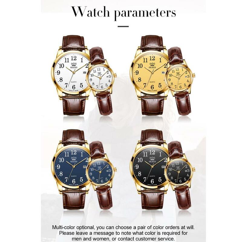 Olevs relógio de casal com pulseira de couro, masculino e feminino, luxuoso, à prova d'água, casual, para namorados