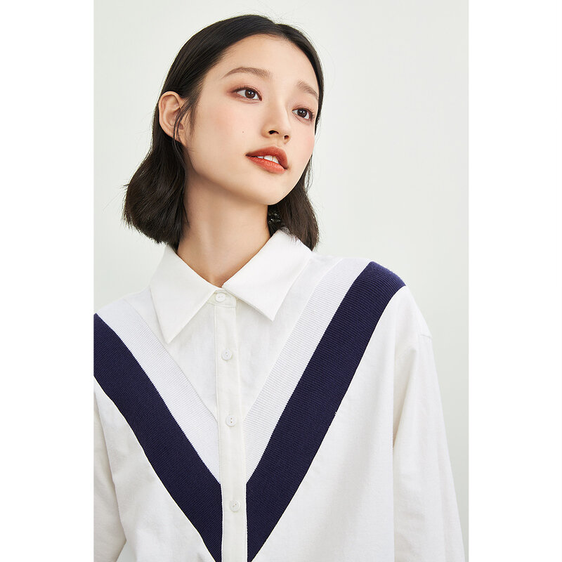 Inman camisa feminina outono inverno solto topo casual gola pontiaguda emenda design all-match manga comprida blusa de algodão