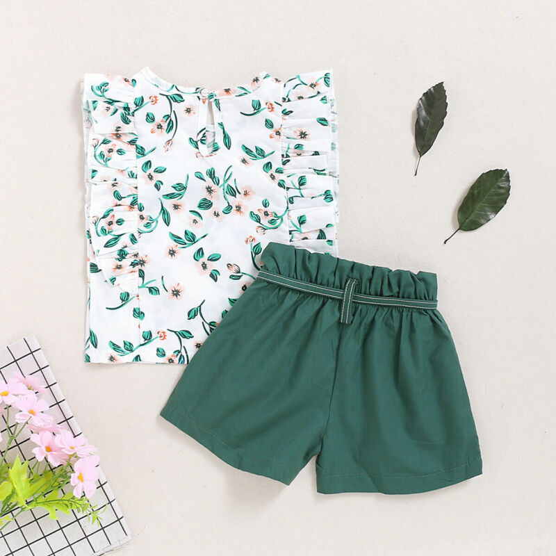 Pudcoco Toddler Baby Girls Kids Summer Clothes o-neck Flower sleeveless high waist green Tops + Shorts Outfit Sets 2PCS 18M-5T