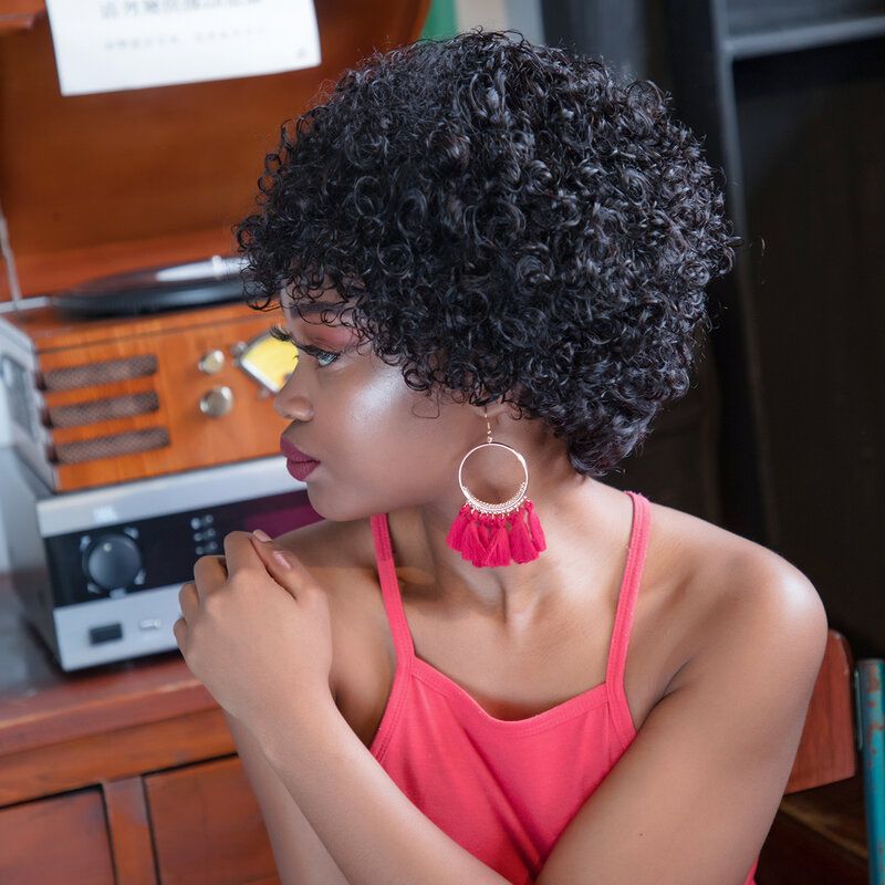 Peruca de cabelo humano encaracolado, peruca curta, totalmente máquina, com frete grátis, para mulheres negras