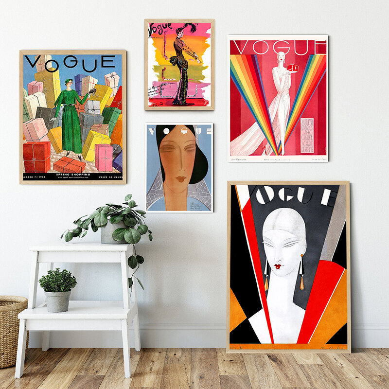 Vintage vogue revista capa cartazes nordic pintura da lona moda na parede mulher arte fotos para sala de estar decoração casa