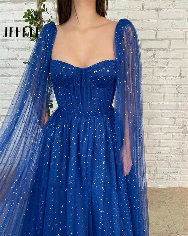 JEHETH Royal Blue A-Line Sparkly Stars Tulle Prom Dress Sweetheart With Long Cape Sleeves Evening Gowns Party