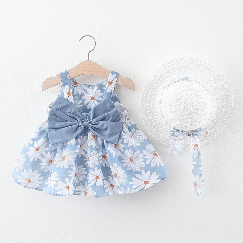 Baby Girl Dress 2020 Summer Bow Print Dress With Hat 2 piece Baby Clothes Suits Bohemia Style Newborn  Infant Toddler Dress