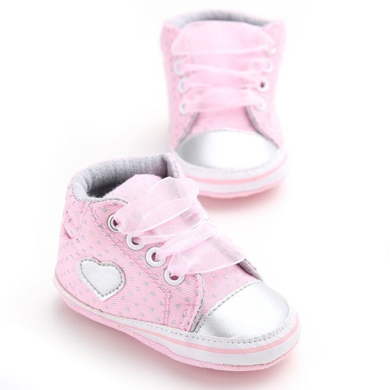 Weixinbuy Heart Pattern Girls First Walkers Tulle Lace-up Sneakers Crib Shoes 0-18M Baby Non-Slip High-top Ankle Casual Shoes