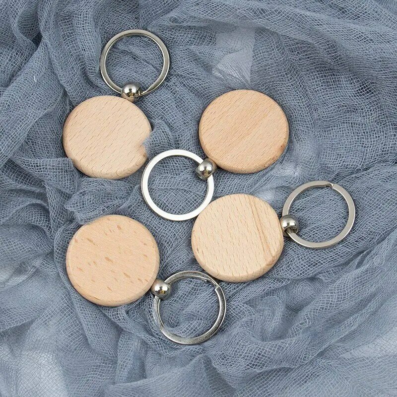 Porte-clés rond en bois vierge, bricolage, les étiquettes peuvent graver des cadeaux bricolage, 60 pièces