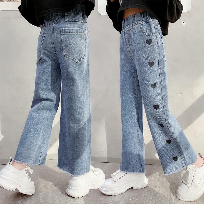 Meninas adolescentes jeans 2021 primavera verão moda casual solto azul crianças perna larga calças de escola crianças 6 8 10 12 ano