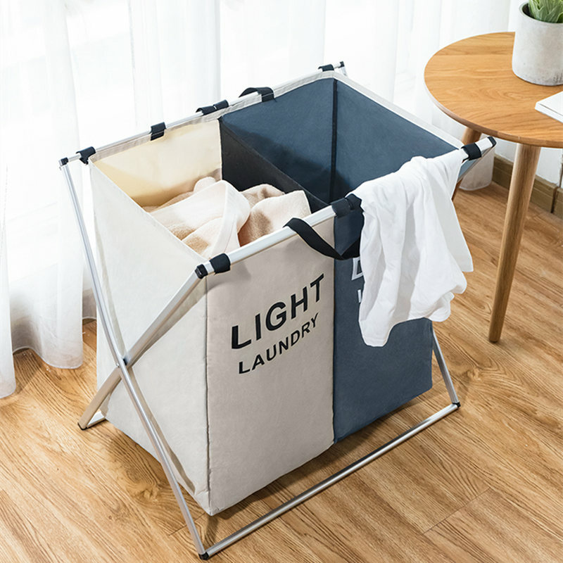 Cesta de lavanderia dobrável em forma x, cestas para roupa suja dobráveis com estampa e 3 divisões para separar roupas