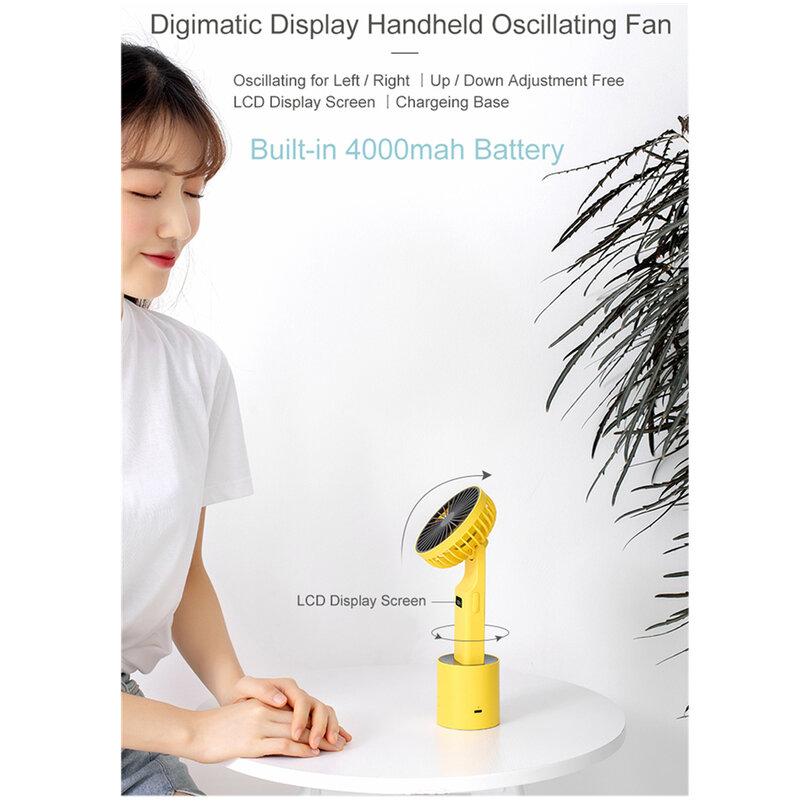 Digital display shake head handheld fan with gear and power display 4000 mA large capacity five-gear portable small fan