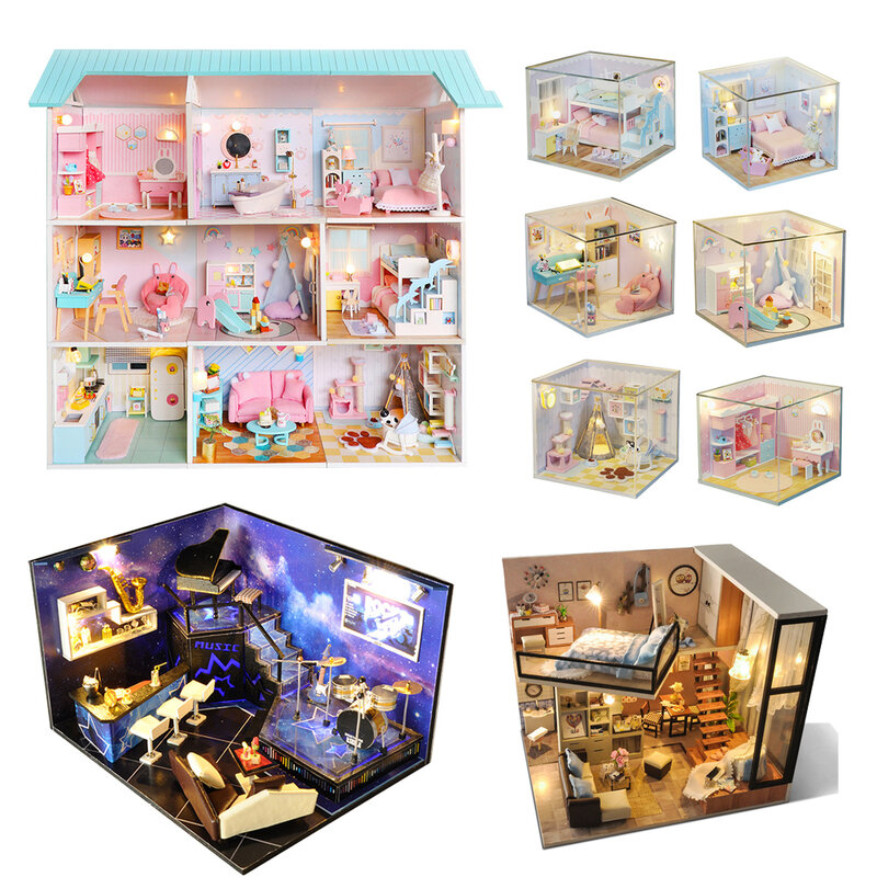Kit de Mini casa de muñecas de madera 3D, muebles en miniatura, cama, accesorios de piano, casa de muñecas, habitación de niños y niñas con cubierta antipolvo