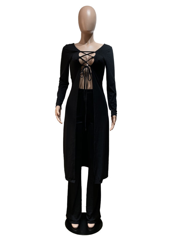 Ronikasha Woman Two Piece Set Sexy Hollow Criss-Cross Strap Long Cardigan and Flared Pants Street Fashion Slim Suit