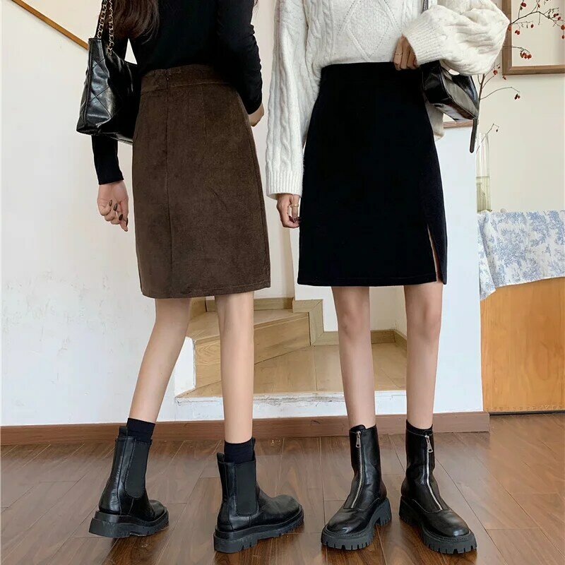 21 Autumn And Winter New Fashion Corduroy High Waist A-line All-match Solid Color Hip-wrapped Knee-length Skirt Women's Clothing