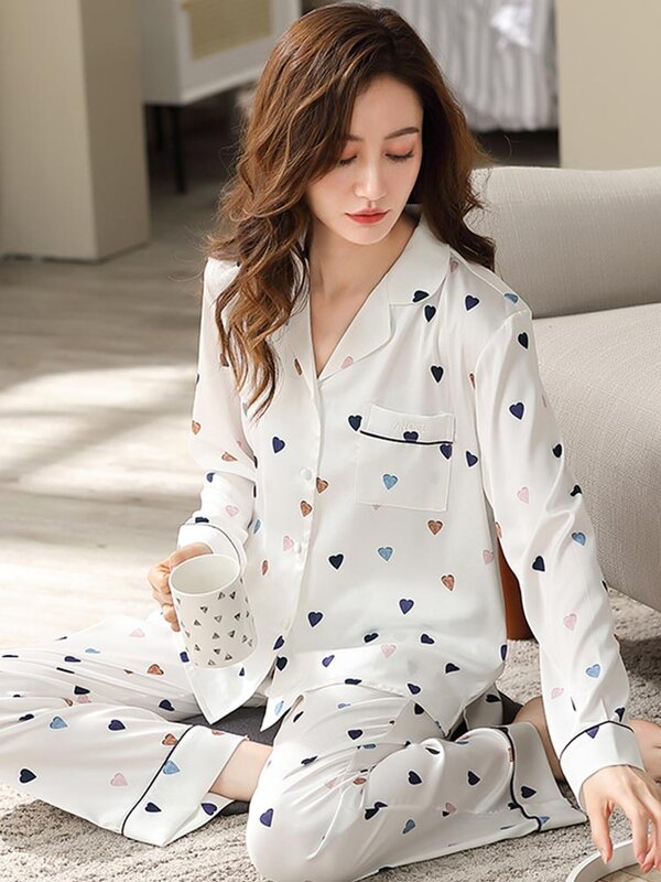 2022 Spring New Women Ice Silk Pajamas Sets 2 Pcs Pyjamas Nightshirt Heart Pattern Female Sleepwear Home Clothes Pijama Mujer