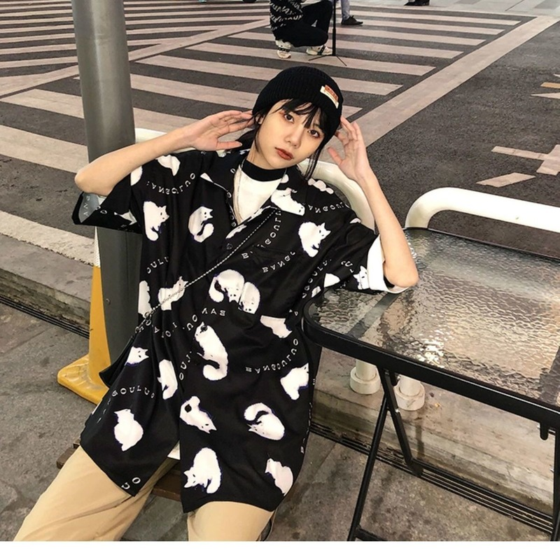 QWEEK Tier Druck Strickjacke für Frauen Harajuku Taste Up Hemd Koreanische 2021 Mode Vintage Kurzarm Bluse Weibliche Top Casual