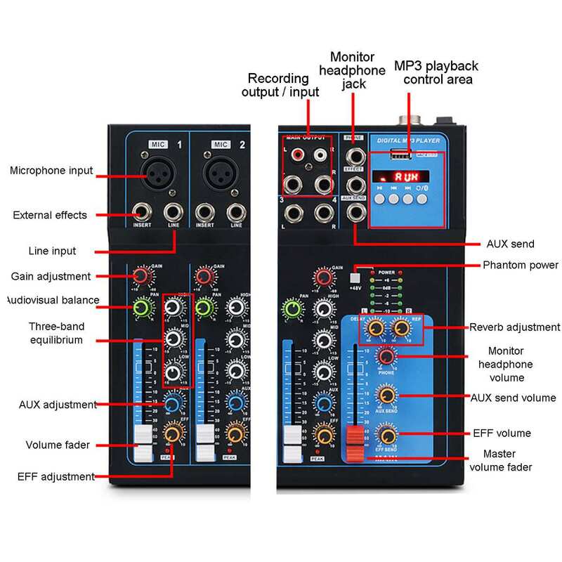 Mezclador de sonido de 7 CANALES, consola mezcladora de DJ con USB, Monitor de potencia fantasma de 48V para entrada