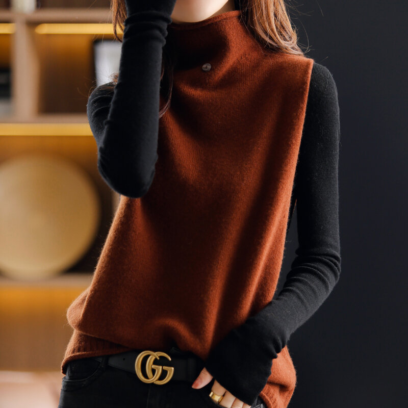 봄 가을 여성 니트 양모 조끼 새로운 Highneck 민소매 솔리드 컬러 풀오버 패션 느슨한 니트 스웨터 한국어 버전