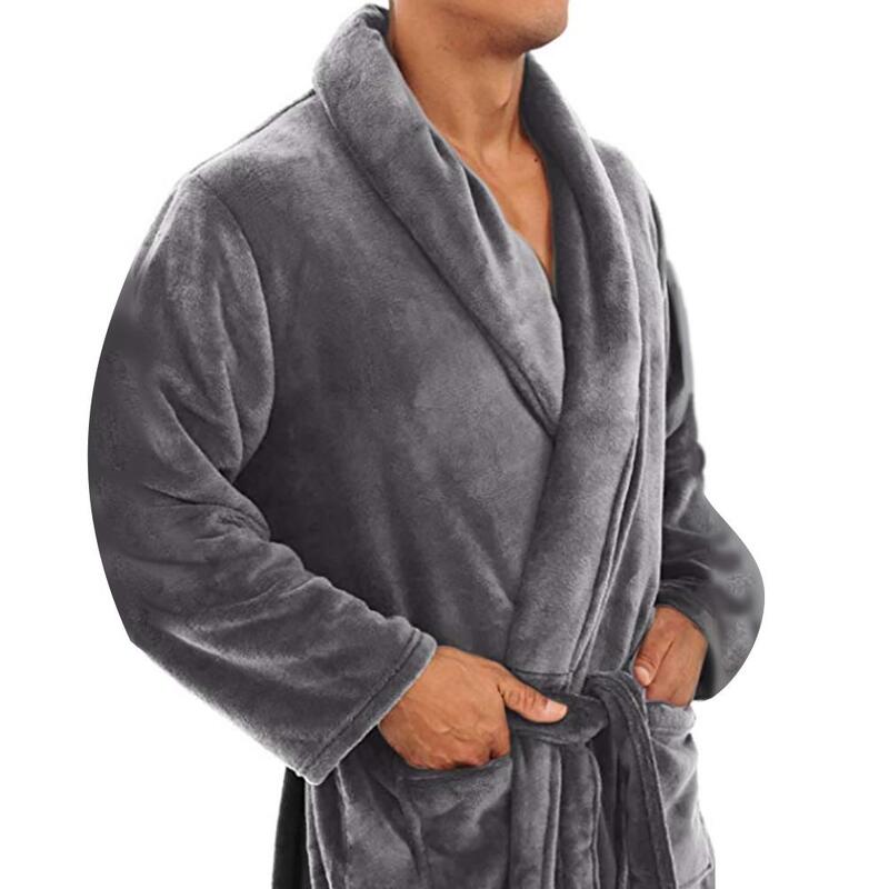 Robe de banho longo gola xale para homens, roupão de banho longo de flanela cor sólida, robe para casa, roupa de dormir