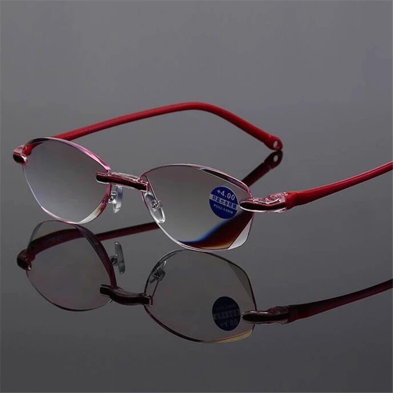 Moda bezramowe okulary do czytania kobiety panie blokujące niebieskie światło okulary starczowzroczne dioptrii + 1.0 + 1.5 + 2.0 + 2.5 + 3.5 + 4.0