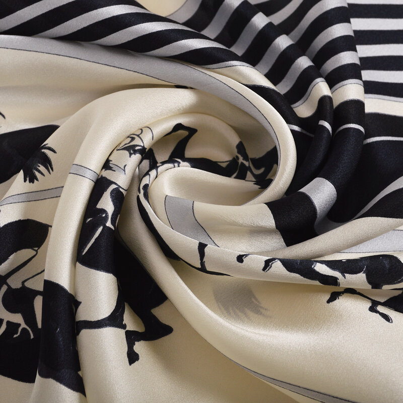 BYSIFA | Натуральный чистый шелк, квадратные шарфы, хиджабы, новинка, женские шали в черно-белую полоску с рисунком лошади, весенний шарф, головн...