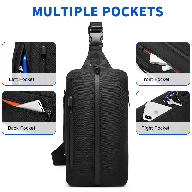 OZUKO – sac de poitrine imperméable pour hommes, sac de sport de plein air, sacoches à bandoulière, chargeur USB, Pack de poitrine pour adolescents, sac de voyage