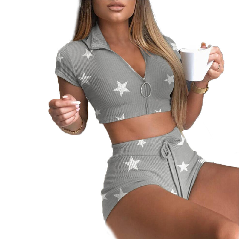 2 Piece Set Women Summer O-Neck Casual Crop Top 2020 Female Star Print Clothing Tracksuit Zipper Loose Shorts Two Piece