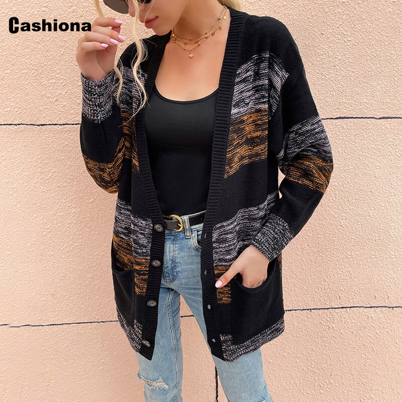 Cashiona 2021 Autumn Women Loose Knitted Sweaters Femme Patchwork Tops Streetwear Ladies Stand Pocket Sweater Long Cardigans