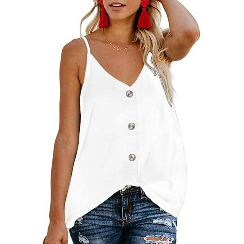 Zomer Sexy Spaghtti Strap Blouse Vrouwen 2020 Nieuwe Casual Tops Mouwloos Knoppen Verstelbare V-hals Dames Chiffon Blouses