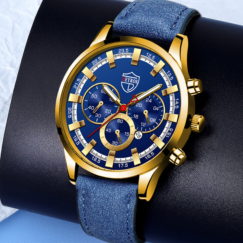 Dropship Mens Luxury Business นาฬิกาควอตซ์หนังสีฟ้านาฬิกาชายกีฬาปฏิทินส่องสว่างนาฬิกาทอง Relogio Masculino