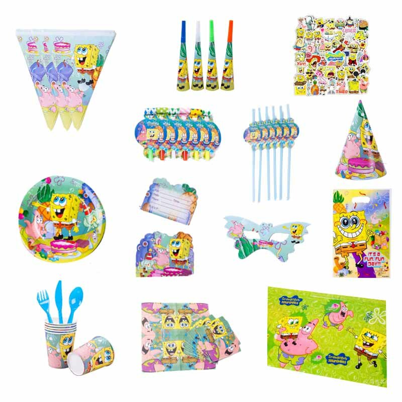 Мультяшная губка-Боб наклейки бумажные тарелки для дня рождения вечерние украшения одноразовая посуда для девочек и мальчиков детского дн...
